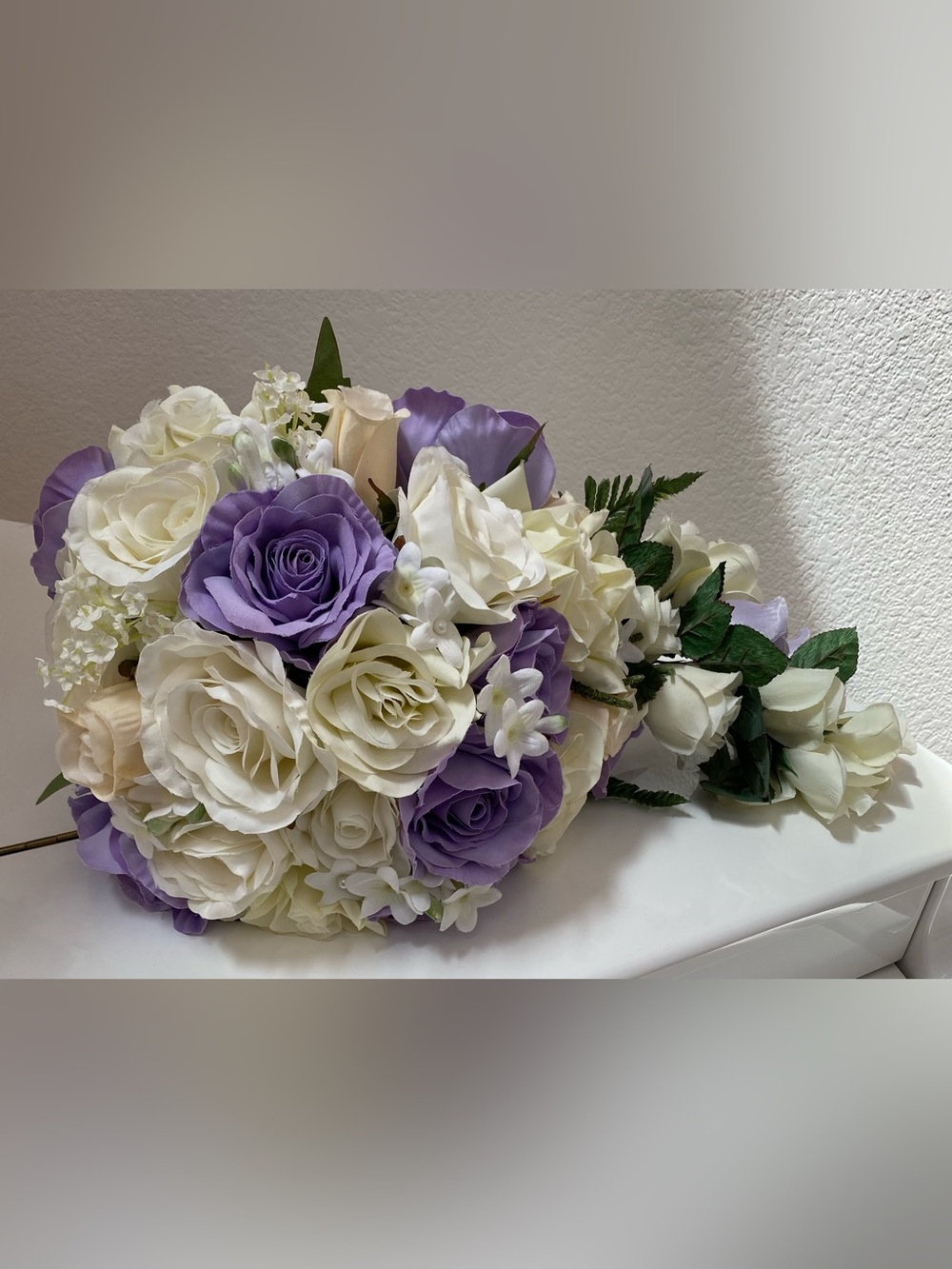 Elegant Cream and Lavender Artificial Rose Cascading Bridal Bouquet